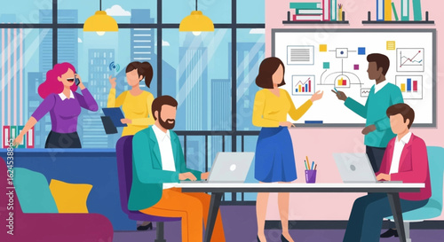 Diverse business team collaborating in a modern office, perfect for website banners or marketing materials.
