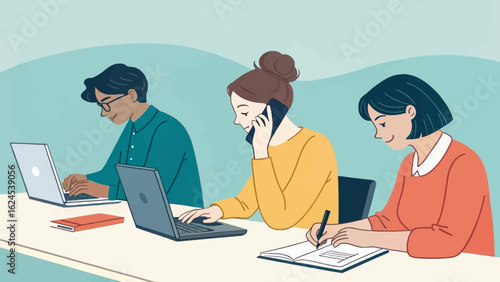 Diverse team working together in office, perfect for website banners or brochures illustrating teamwork and collaboration.