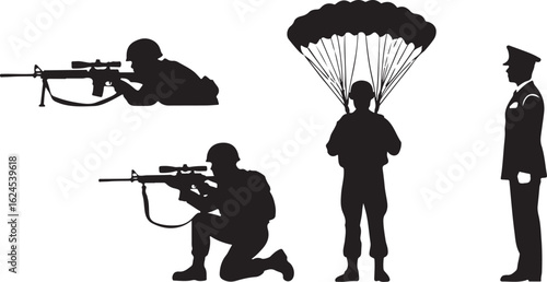 Soldiers aiming parachute jumper officer standing military rifle
