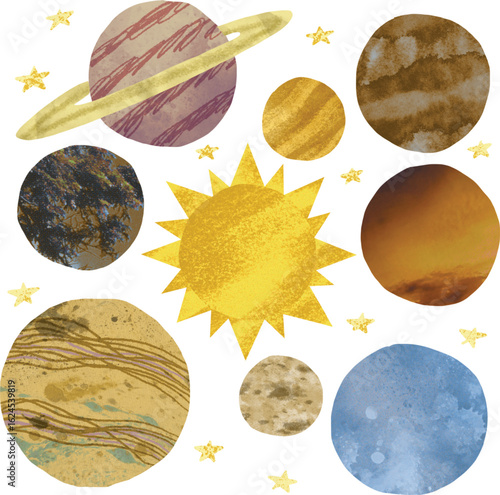 Artistic rendering of solar system planets featuring a sun and twinkling stars in a celestial display