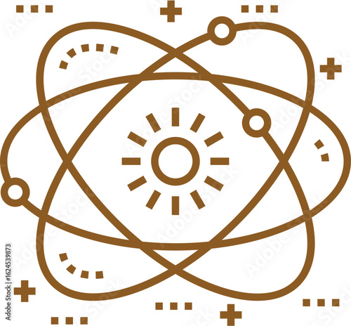 Vector illustration of an atom model with orbiting electrons and nucleus representing scientific research