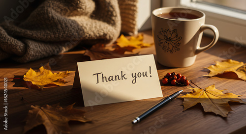 A heartfelt 'Thank you' note on a wooden windowsill with autumn leaves, a warm mug of tea, and a cozy blanket in sunlight.