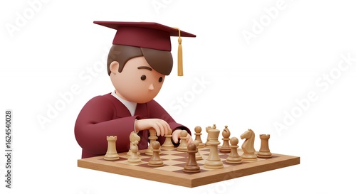 Student playing chess in graduation gown