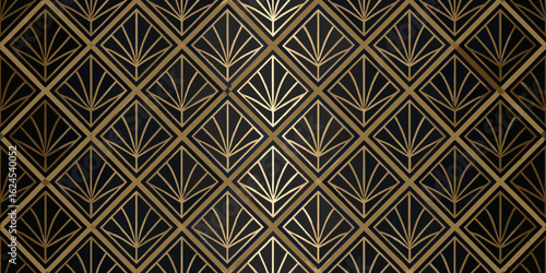 Elegant art deco geometric pattern with gold lines on a dark blue background