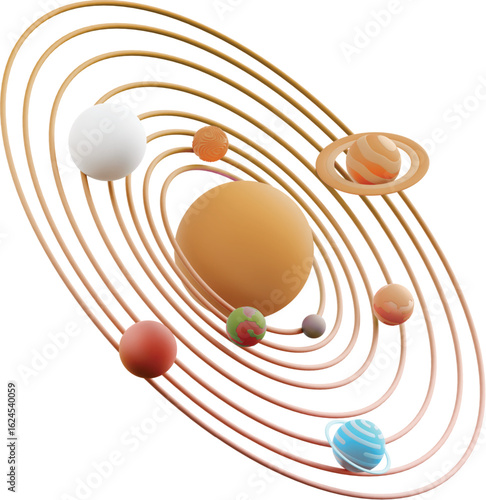 Stylized solar system illustration featuring planets orbiting a central sun with simple line orbits design