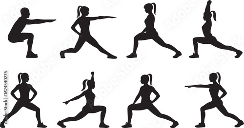 Male and female figures performing various stretching and exercise poses silhouette fitness