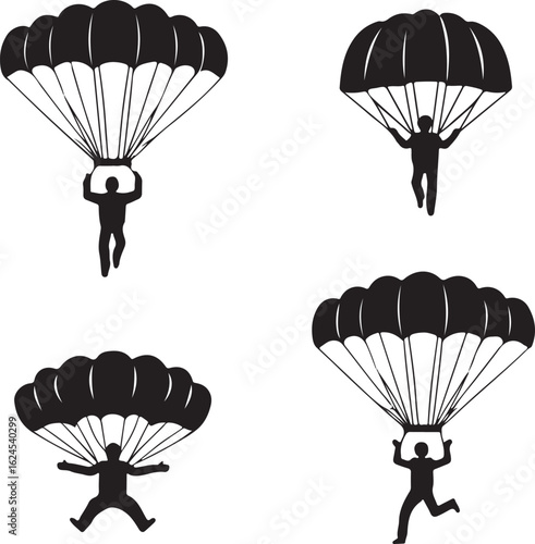 Black silhouettes of skydivers descending under open parachutes skydiving sport