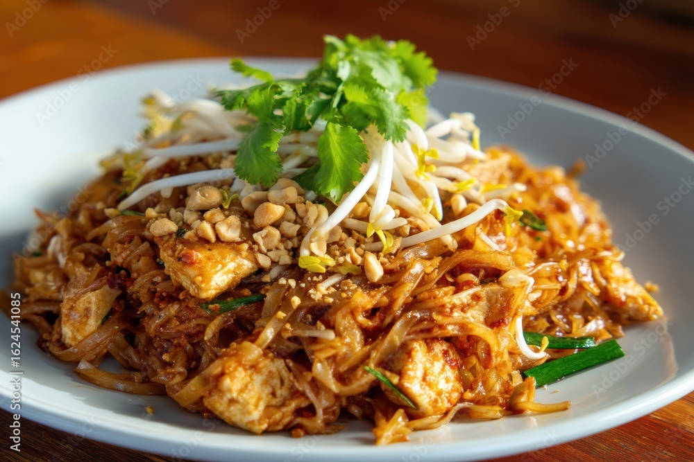 A plate of Pad Thai garnished with fresh cilantro, bean sprouts, and crushed peanuts, served on a white dish A plate of Pad Thai garnished with fresh cilantro, bean sprouts, and crushed peanuts, served on a white dish
