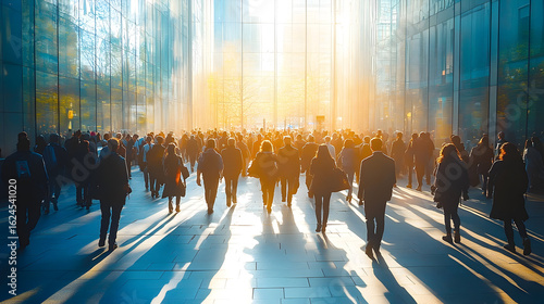 Sunlight Bathed Crowd Walking Towards Glass Building, Long Shado