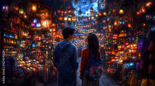 Couple Gazing at Illuminated Lanterns in a Magical, Colorful Mar