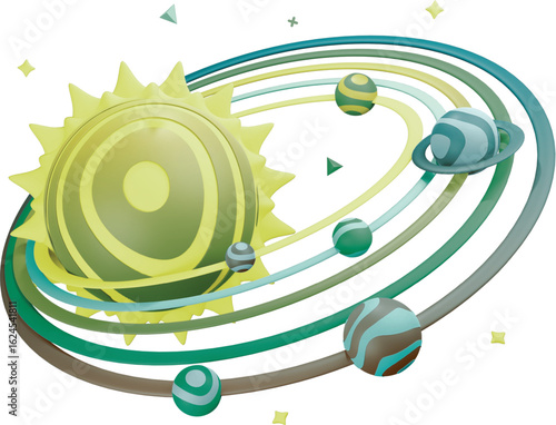 Colorful solar system illustration depicting planets orbiting the sun with vibrant orbital paths and geometric details