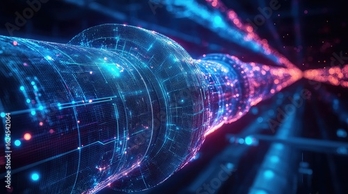 A futuristic digital representation of a water pipeline using AI, ML, and IoT for smart leak detection and modern technology integration.  