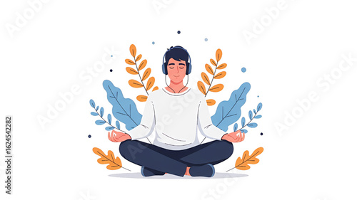 Young man in headphones meditates in a lotus pose surrounded by nature for wellness