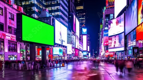 Times Square at Night with Green Screen Billboard