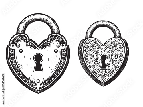 Romantic vintage heart lock engraving used in love symbols tattoo designs and victorian motifs