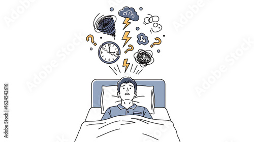 Anxious person in bed with chaotic thoughts, illustrating stress, worry, and insomnia.