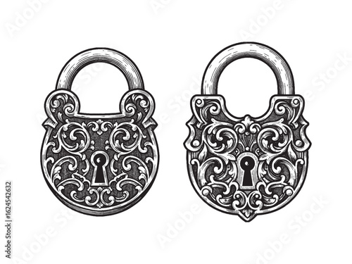 Victorian scrollwork padlock design for antique illustrations gothic branding and engraving collections