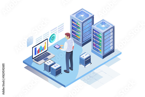 Man analyzing data in a modern server room with technology