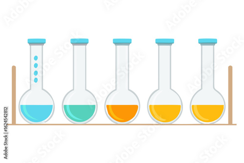 Five laboratory flasks with colorful liquids on a shelf