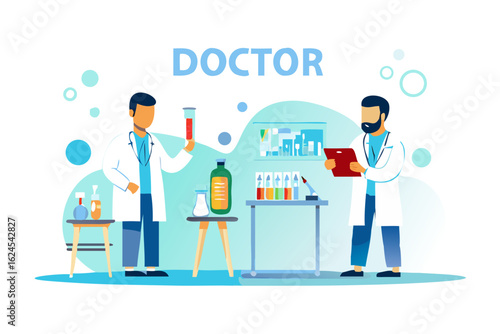 Two doctors in a laboratory with test tubes and equipment