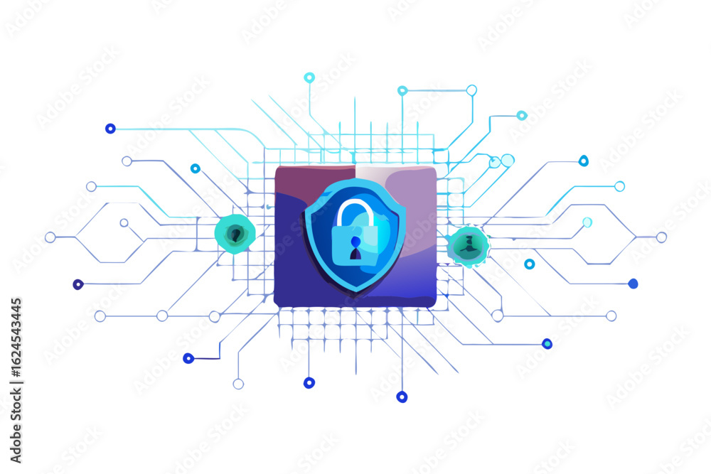 Fototapeta premium Digital security shield with open padlock on circuit board