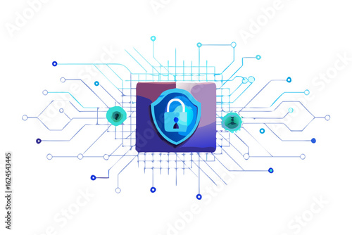 Digital security shield with open padlock on circuit board