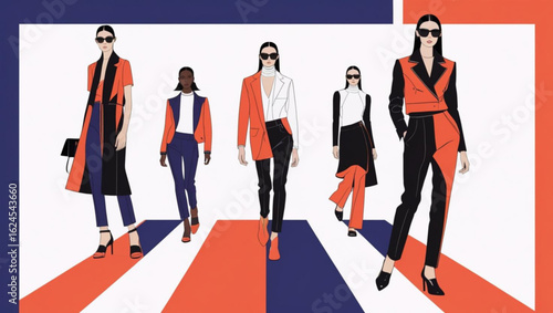 Fashion Models on Runway in Red, White, and Blue