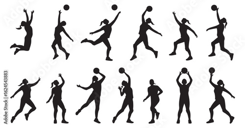 Icon Set of Female Basketball Players: Jumping, Shooting, and Dribbling in Black Style