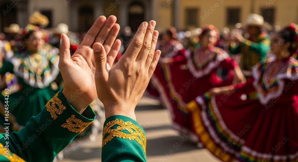 Fototapeta premium Hands clapping during a traditional folk dance performance with colorful dresses, concept for cultural event promotion, festive celebration and community gathering.