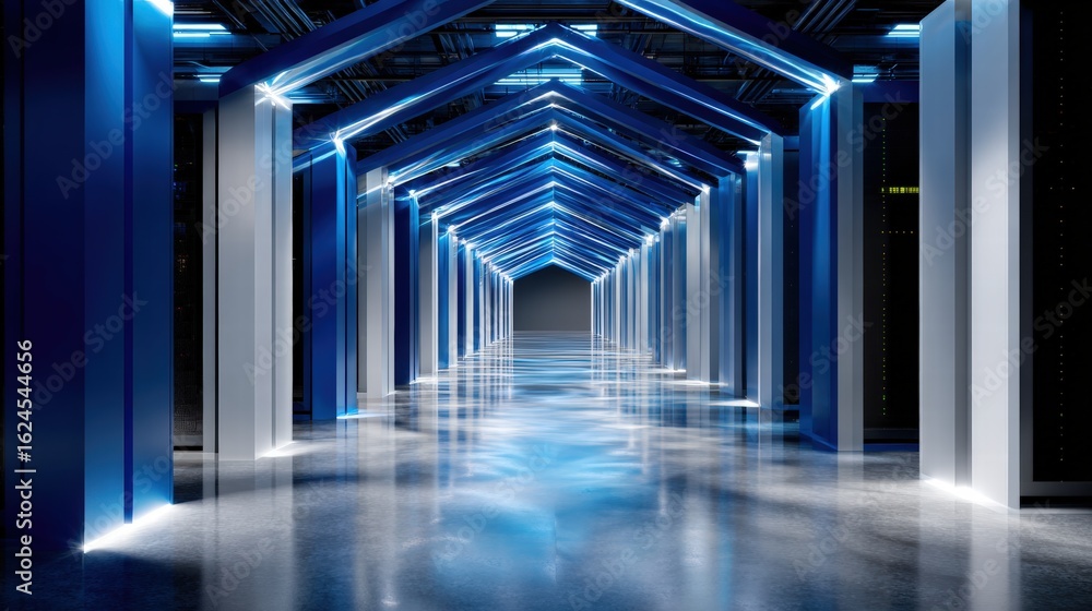 Fototapeta premium Futuristic Technology Corridor with Neon Lighting