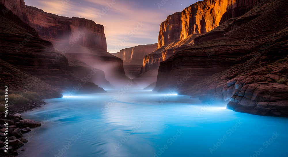 Fototapeta premium Ethereal Turquoise River with Glowing Mist in Majestic Canyon Gorge at Golden Hour