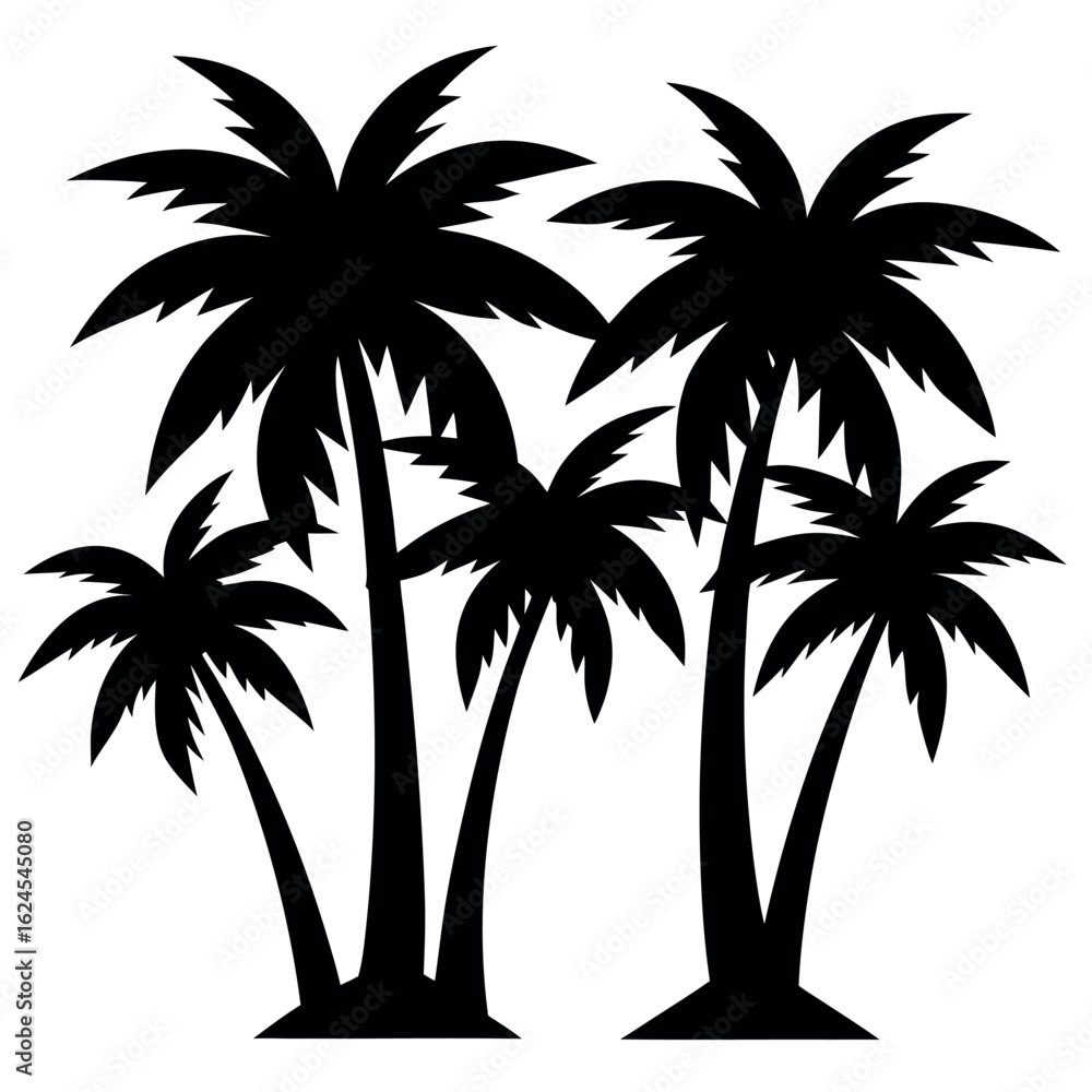 Fototapeta premium Group of six tropical palm tree silhouettes isolated on white background