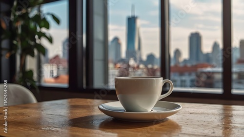 A tranquil coffee break with a hot beverage in a white cup, set against a stunning urban city skyline view from a high-rise window.