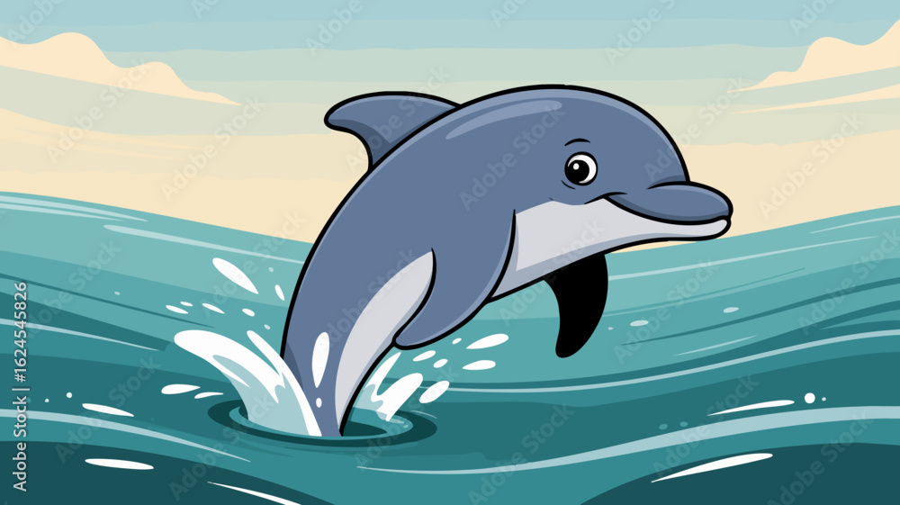 Obraz premium Vector Cartoon Dolphin SVG Illustration with Playful Expression in Flat Style for Web and Digital Media