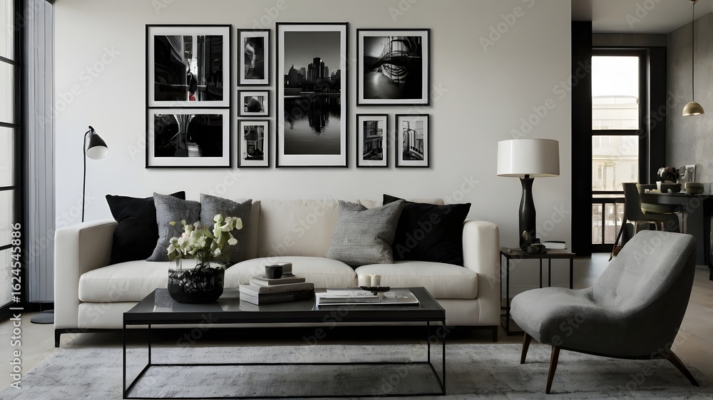 Fototapeta premium Elegant and modern living room interior with a sophisticated monochromatic design and a gallery wall