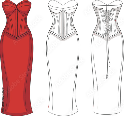 Technical flat sketch of a women's strapless corset dress with a lace-up back, an elegant formal wear design template vector illustration.