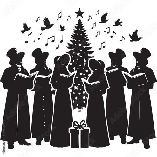 Black Christmas carolers singing Silhouette Vector, High Quality Illustration on White Background