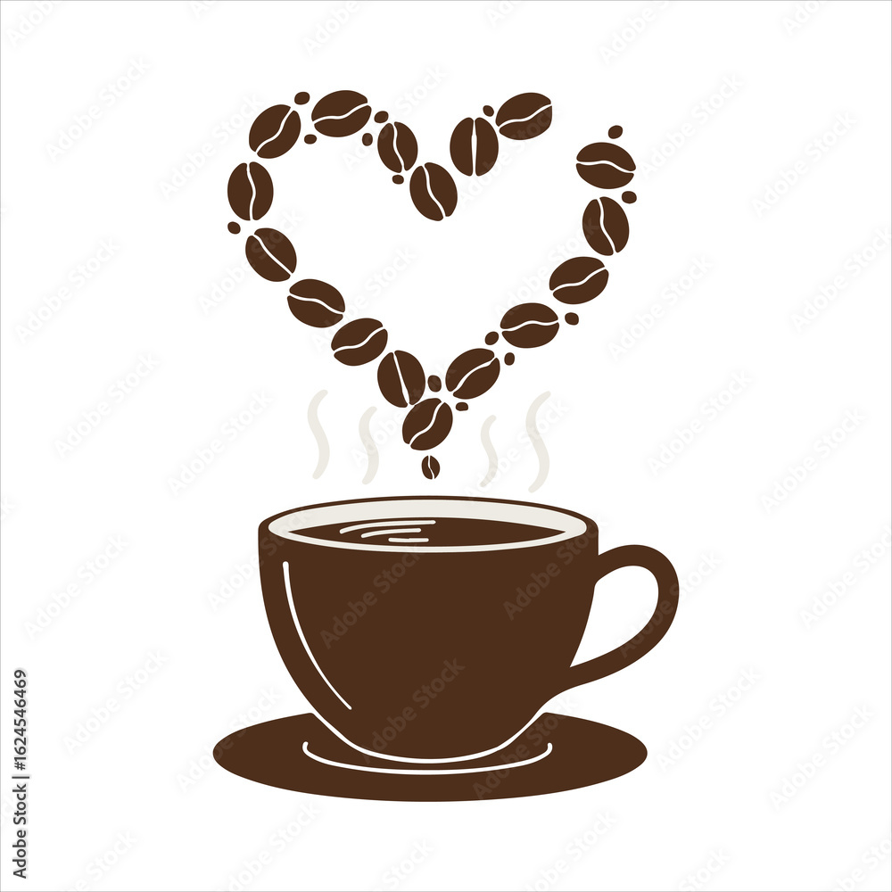 Obraz premium A dark brown coffee cup with a heart shape made of coffee beans above it silhouette
