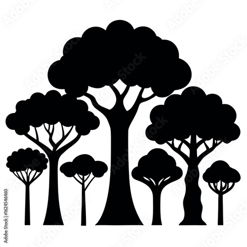 Collection of seven tree silhouettes with exaggerated trunks isolated on white background silhouette