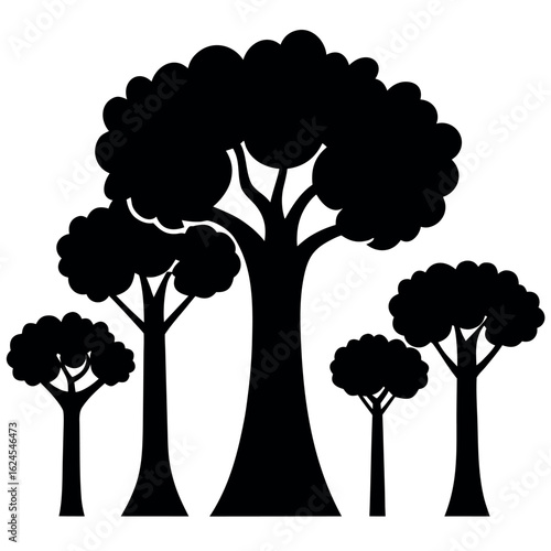 Collection of seven tree silhouettes with exaggerated trunks isolated on white background silhouette