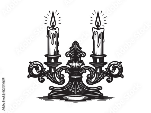 Double candle engraving for mystical rituals apothecary labels or vintage-inspired illustrations