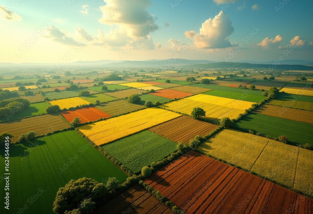 Fototapeta premium vibrant aerial view colorful agricultural fields landscape patchwork nature harmony farmland, crop, farming, vegetation, soil, environment, biodiversity