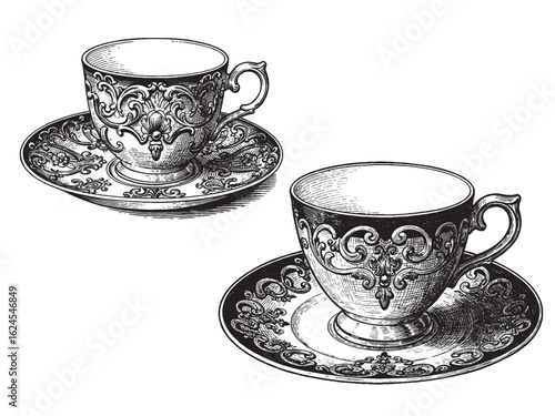 Elegant teacup and saucer engraving for tea packaging vintage kitchen decor and classic design branding