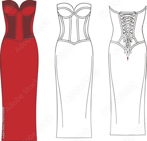 Technical flat sketch of a women's strapless corset dress with a lace-up back, an elegant formal wear design template vector illustration.