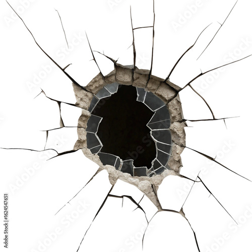 Hole breaking through white wall isolated on transparent background  
