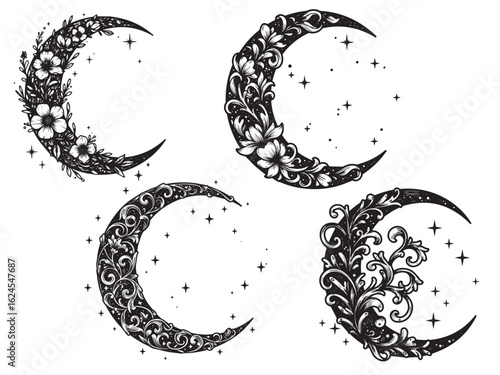 Engraved moon with stars and vines for mystical branding celestial art and tarot illustrations