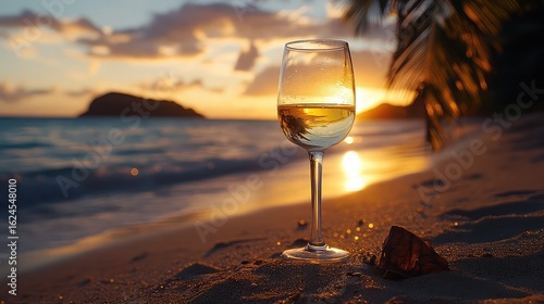 A glass of white wine sits on beach sand at sunset, offering a relaxing moment by the tropical shore. 