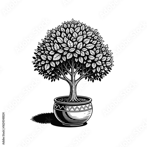 Stylized black and white illustration of a lush topiary tree in a decorative pot. A classic engraving style design representing growth and nature.
