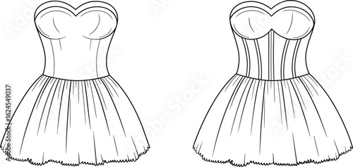 Technical flat sketch of a women's strapless party dress with a sweetheart neckline and gathered skirt, a fashion design vector illustration.