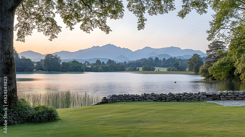 Fototapeta premium Tranquil lake sunrise landscape with mountain views